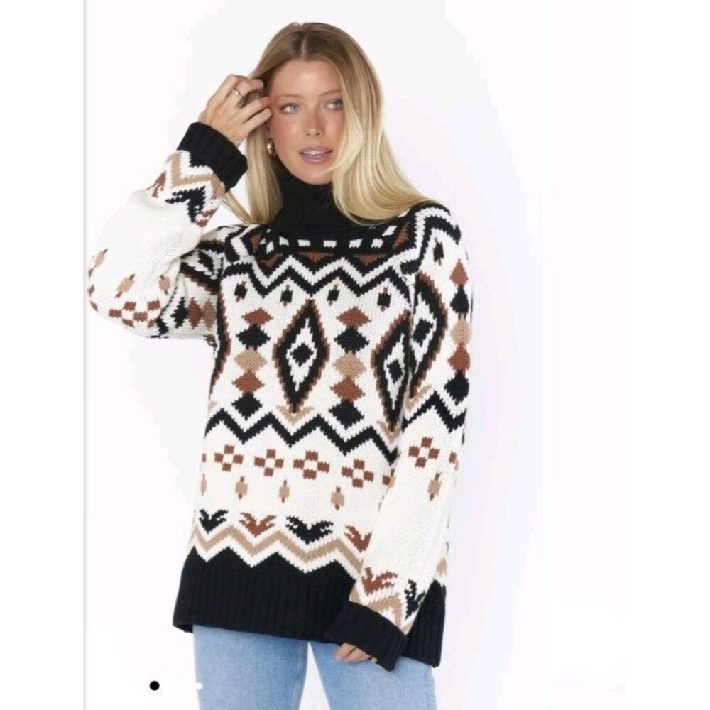 Show Me Your MuMu Black White and Brown Fair Isle Turtleneck Knit